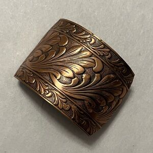Vintage Embossed Copper Hair Clip Tooled Scroll Antiqued Barrette Leaf Handmade